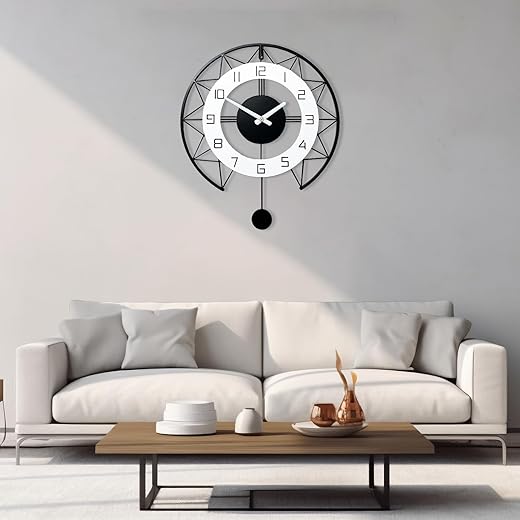 Pendulum Clock, 20X23 Inch Large Wall Clock Silent Non Ticking Battery Operated, Indoor Outdoor Oversized Modern Black White Wood Metal Skeleton Clock for Living Room, Bedroom,Patio, Pool Area