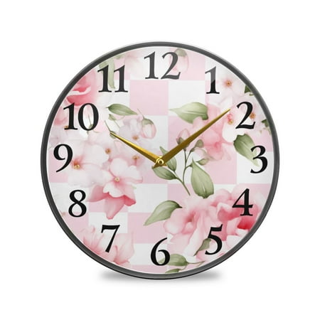 Peony Flowers Pink Wall Clocks Battery Operated 9.5 Inch Round Clock Acrylic Silent Non-Ticking Bedroom Living Room Decorative Clocks