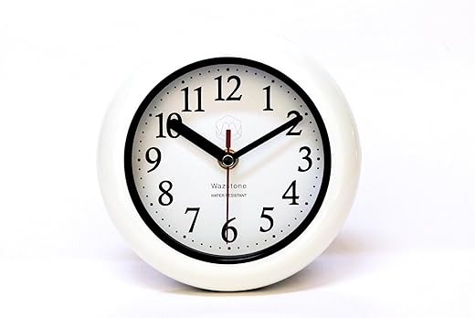 Perfect White Shell Water Resistant Clock, Quiet Non-Ticking Sweep Movement, 6.5" in Diameter, ABS Glass Front, Flexible Options to Hang or to Stand. Withstand Water Vapor and Moisture.