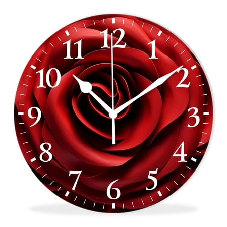 Personalized Analog Clock Non-Ticking Silent Wall Clocks Battery Operated Clocks with Picture Decorative for Living Room-Elegant Red Roses(10inch)