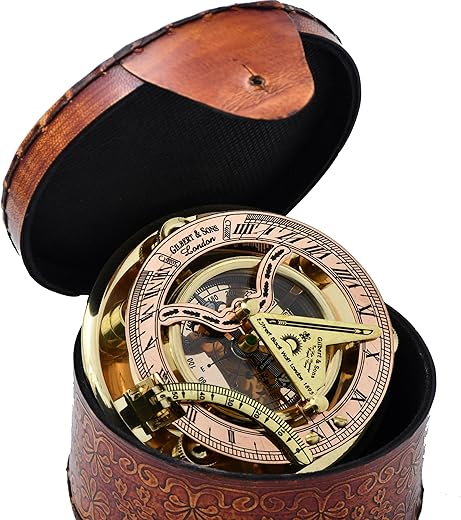 Personalized Engraved Antique Brass & Copper Sundial Compass, Sundial Clock in Leather Box Gift Sun Clock Ship Replica Watch