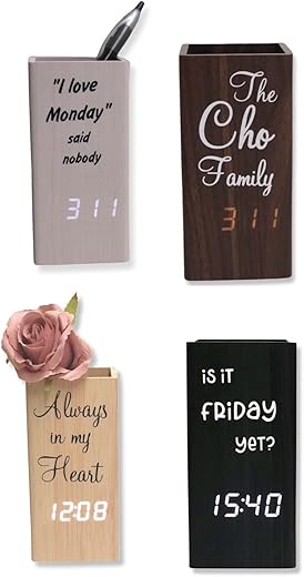 Personalized Home Office Desk Pen Holder with LED Digital Alarm Clock – Add Your Name or Any Other Phrase with Waterproof Decal Sticker – Custom Wood Pattern Pencil Holder Desk Accessories – Brown