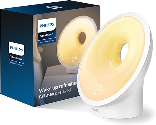 PHILIPS SmartSleep Sleep and Wake-Up Light, Simulated Sunrise and Sunset, Multiple Lights and Sounds, RelaxBreathe to Sleep, HF3650/60