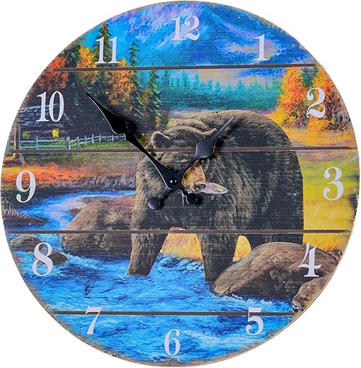 Pine Ridge Bear in Stream Clock - Rustic Wall Decor Clock, for Bedroom, Kitchen, Office Or Living Room