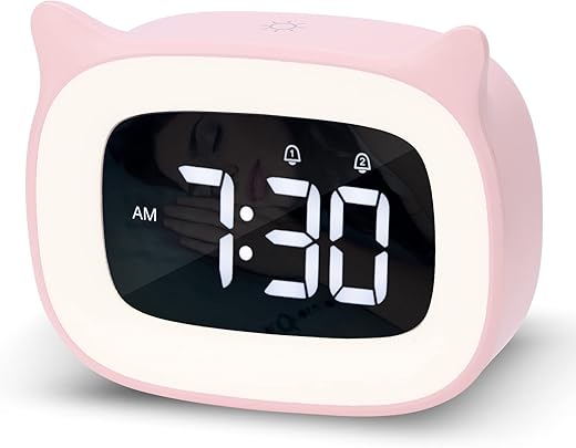 Pink Alarm Clock with Night Light, Cute Cat Alarm Clocks for Girls Toddlers Boys Birthday Gifts, Cute OK to Wake Alarm Clock for Kids Teens Bedrooms