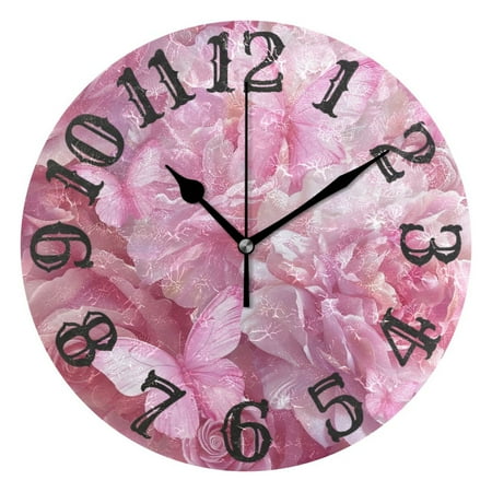 Pink Butterflies Flowers 10 inch Wall Clocks Non Ticking Easy to Read Battery Decorative for Home Bathroom Kitchen Bedroom Living Room