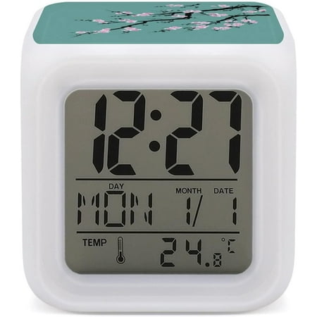 Pink Cherry Blossom Flowers On Green Mini Digital Alarm Clocks, Led Night Glowing C[3899]