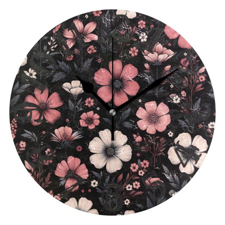 Pink Flower on Black 10 inch Wall Clocks Non Ticking Easy to Read Battery Decorative for Home Bathroom Kitchen Bedroom Living Room