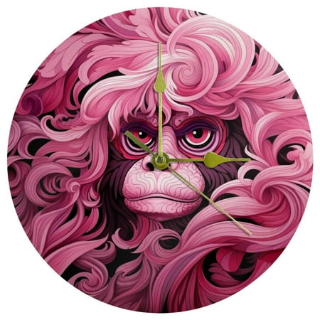 Pink monkey orangutan Round Acrylic 9.8 Inch Silent Non Ticking Battery Powered Wall Clock for Kitchen Bedroom Living Room Office, etc.