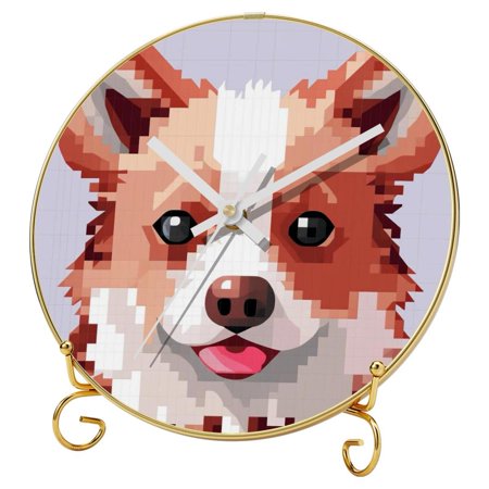 Pixel dog Round Printed Wall Clock with Hooks and Gold Stand - Silent Non-Ticking Decorative Timepiece for Versatile Usage Scenarios