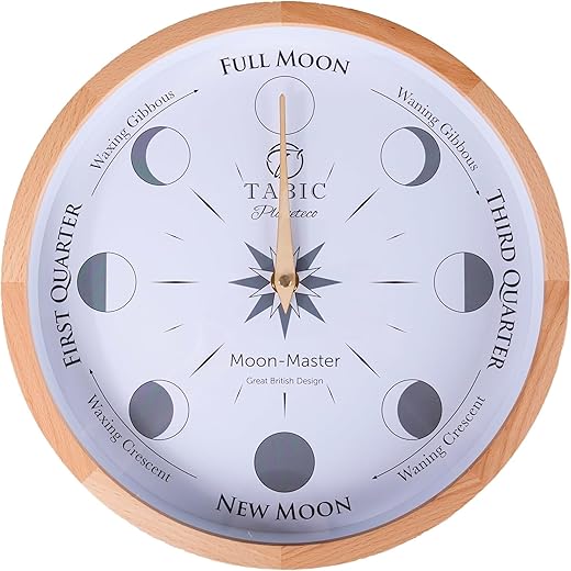 Planeteco Moon Master - Precision Lunar Phase Wall Clock - Accurate Moon Tracking & Easy-to-Read Dial for Lunar Cycle - Stylish Round Moon Phase Clock - Celestial Home Decor - Natural Stain