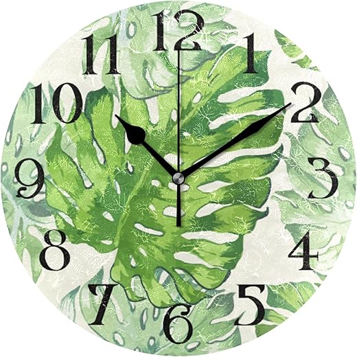 Plants Clock Tropical Wall Clocks Battery Operated Green Palm Leaf Non Ticking Kitchen Clock Decor 9.5 Inch Decorative Round Clock Easy to Read for Bedroom Living Room Home