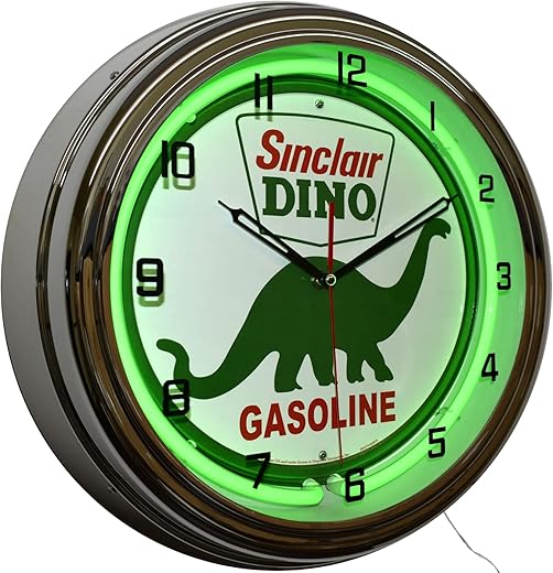 Platinum Sinclair Dino Gasoline Motor Oil Sign Neon Garage Clock (16 Green)