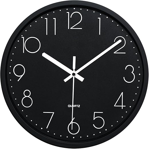 Plumeet Black Wall Clock Non Ticking Silent Quartz Round Clock Decorate Bedroom Home Kitchen Office - Battery Operated (Black)