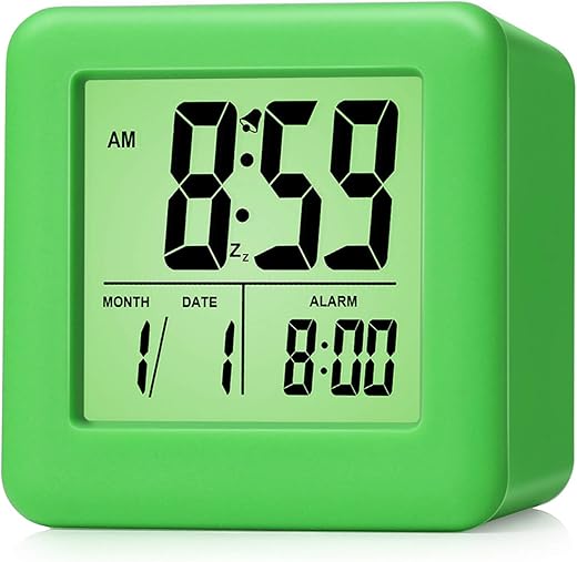 Plumeet Digital Alarm Clock Kids with Snooze and Nightlight - Easy Setting Silicone Clock Display Time, Date - Loud Alarm Clock for Bedroom - Battery Powered (Green)