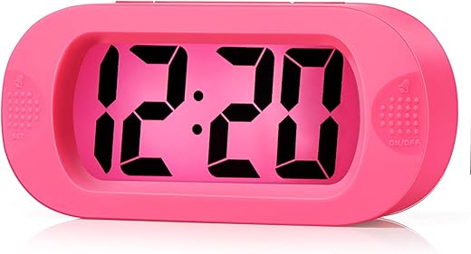 Plumeet Kids Alarm Clock Large Digital LCD Travel Alarm Clocks with Snooze and Night Light - Ascending Sound and Handheld Sized - Best Gift for Kids (Pink)