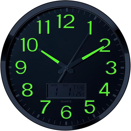 Plumeet Night Light Wall Clock, 14’’ Large Bedroom Wall Clocks with Glowing LCD Display, Silent Battery Operated Clock Decorate Living Room, Digital Wall Clocks Display Date Week Temp (Green)