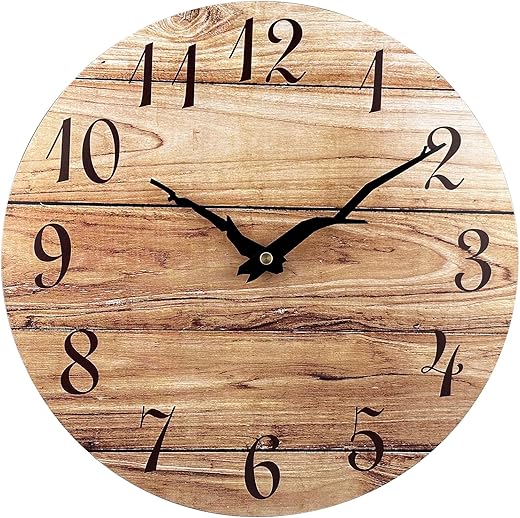 Plumeet Small Wall Clock, 10'' Frameless Wooden Wall Clocks with Silent Quartz Movement, Rustic Country Village Walnut Clocks Decorative for Kitchen Bedroom Living Room, Brown