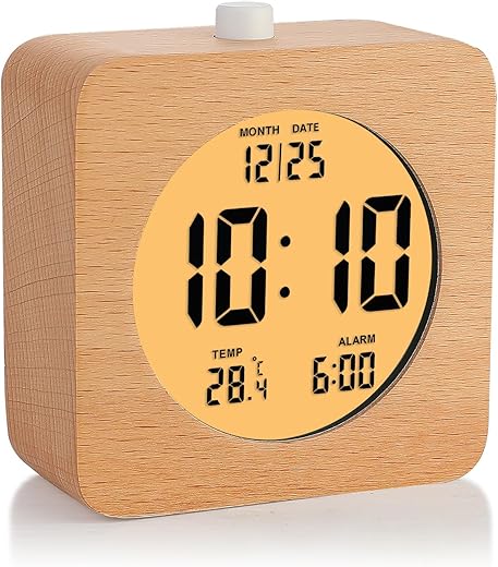 Plumeet Wooden Digital Alarm Clock for Bedrooms, Wood 4'' Battery Powered Alarm Clock with Snooze and Nightlight, Electronic LCD Desk Clock Display Time, Date, Temp, 12/24H, Wood Décor, Square