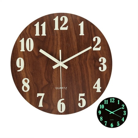 Pluokvzr Luminous Wooden Wall Clock Numerals Hands Glow In Dark Operated Decoratie Clock