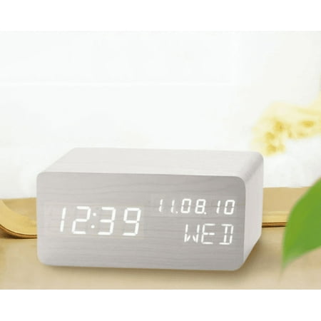 Pokanic Wood Digital Alarm Clock Desk Time, Date(MM / DD / YY), Day of The Week, Temperature, Nightlight Large LED Display Portable Lamp Bedroom, Office, School, Home, Livingroom, Room (White)