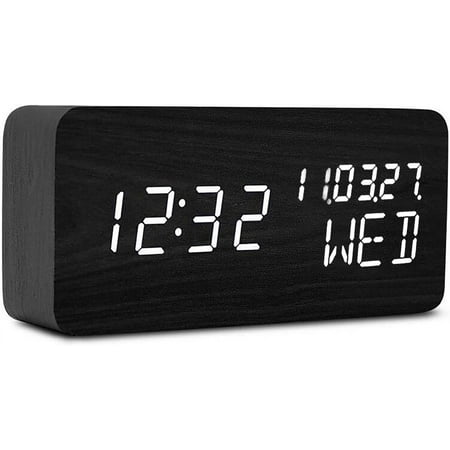 Pokanic Wood Digital Alarm Clock Desk Time, Date(MM / DD / YY), Day of The Week, Temperature, Nightlight Large LED Display Portable Lamp Bedroom, Office, School, Home, Livingroom, Room (Black)