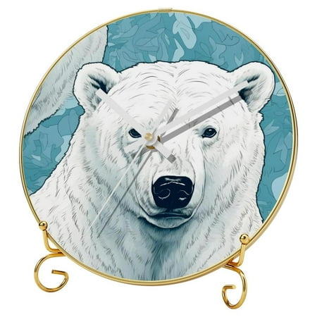 Polar bear Rustic Round Wall Clocks with Printed Design, Hooks and Gold Stand - Silent Non Ticking for Office, Home, or Dorm Use