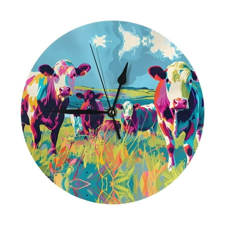 Pop Art Colorful Cows Wall Clock Silent Non Ticking - 10 Inch Battery Operated Modern Clocks for Living Room Bedroom Kitchen Bathroom Office Classroom, Decorative Clocks