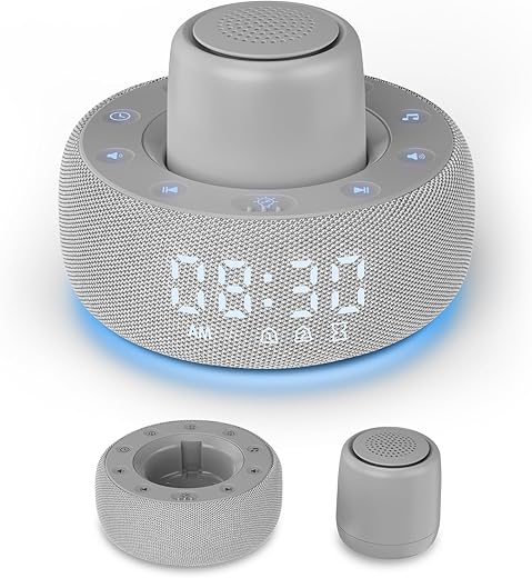 Portable White Noise Machine & Alarm Clock for Sleeping Combo | 25 Gentle Soothing Sounds for Baby Kid & Adult | Dimmable, Digital Timer | 7 Night Lights for Bedroom, Nursery, Office, Travel