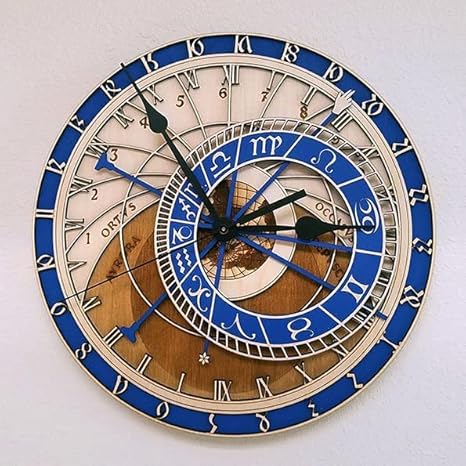 Prague Astronomical Quartz Clock, Wooden Quartz Vintage Round Classic Wall Clock, for Home Decorative Living Room Bathroom Office