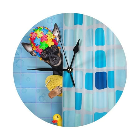 Prague Ratter Dog in Bathtub Wall Clock Silent Non Ticking - 10 Inch Battery Operated Modern Clocks for Living Room Bedroom Kitchen Bathroom Office Classroom, Decorative Clocks