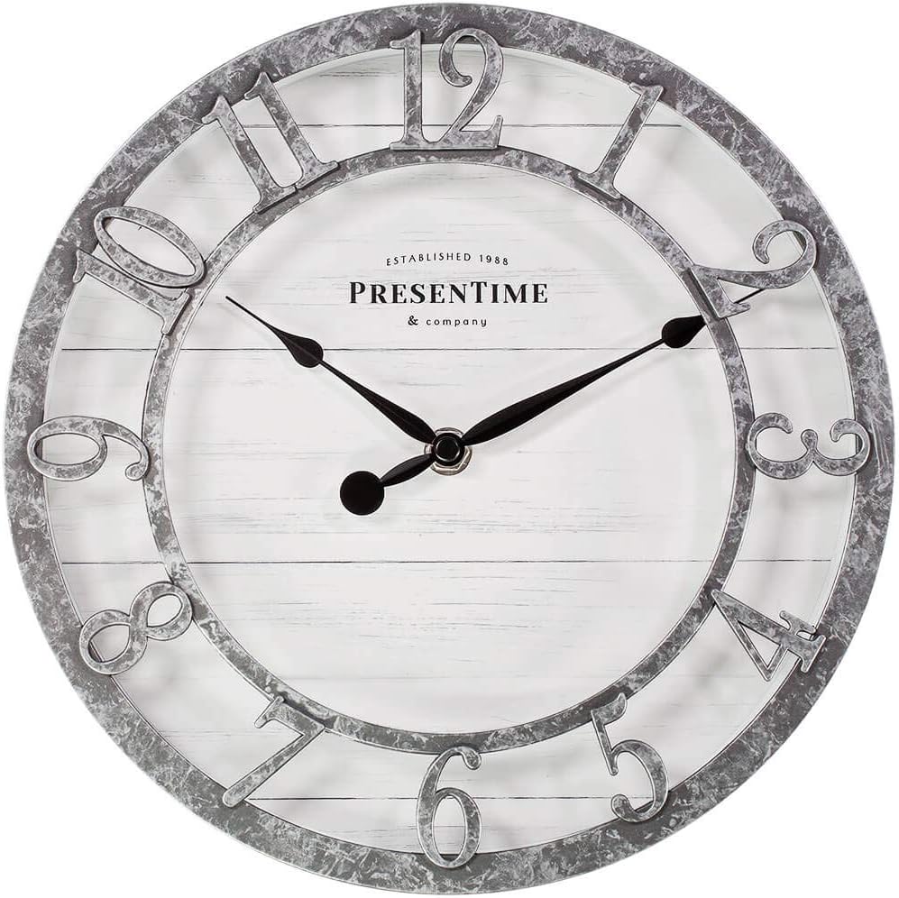 Presentime & Co 10" Farmhouse Series Wall Clock, Quartz Movement, Shiplap Style, Raised 3D Arabic Numeral, Galvanized Finish