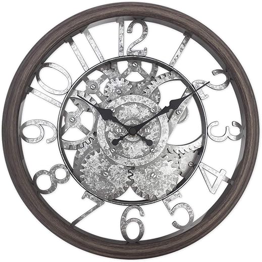 Presentime & Co 12 Farmhouse Gear Clock, Silent no Ticking, Indoor/Outdoor Clock, Weatherproof, Grey Oak and Galvanized Finish. Wall Décor/Outdoor Décor for Living Room, Kitchen, Garden, and Patio.