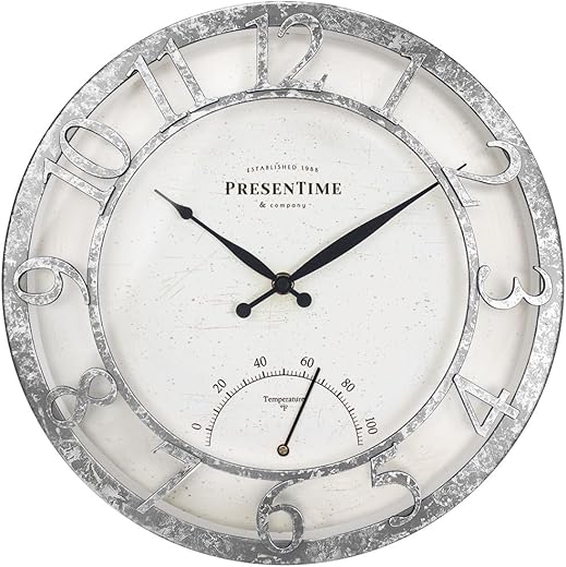 Presentime & Co 13 Farmhouse Outdoor Wall Clock w/Outdoor Thermometer, Farmhouse Style, Raised 3D Arabic Numerals, Faux Galvanized Finish (Wall Clock for Patio, Cottage, Poolside, Garden Spaces)