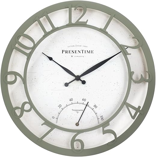 Presentime & Co 13" Farmhouse Outdoor Wall Clock w/Outdoor Thermometer, Modern Style, Raised 3D Arabic Numerals, Olive/Sage Green Finish (Wall Clock for Patio, Cottage, Poolside, Garden Spaces)