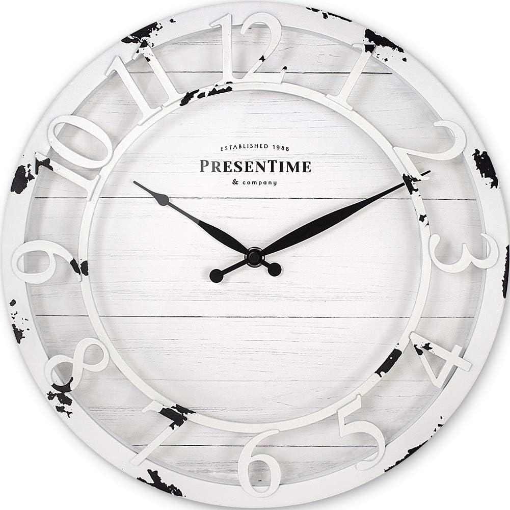 Presentime & Co 13" Farmhouse Series Wall Clock, Quartz Movement, Shiplap Style, Raised 3D Arabic Numeral, Antique Distressed White