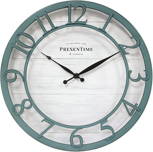 Presentime & Co 13" Farmhouse Series Wall Clock, Shiplap Style, Silent No Ticking, Coastal Clock, Raised 3D Arabic Numeral, Aged Teal Finish