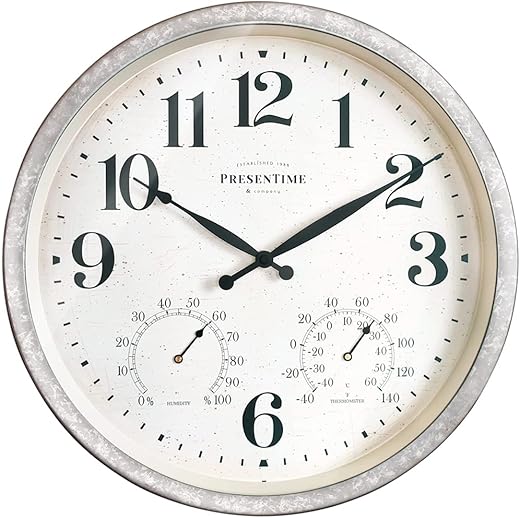 Presentime & Co 16" Farmhouse in/Outdoor Clock with Thermometer&Hygrometer as All in One Weather Station, Galvanized Décor, Wall Art and Timepiece for Farmhouse Decoration, Light Galvanized Finish