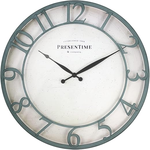 Presentime & Co 21" Farmhouse Series Wall Clock,Vintage Style, Retro Clock, Raised 3D Arabic Numeral, Aged Teal Finish. Wall Décor for living room and entryway.