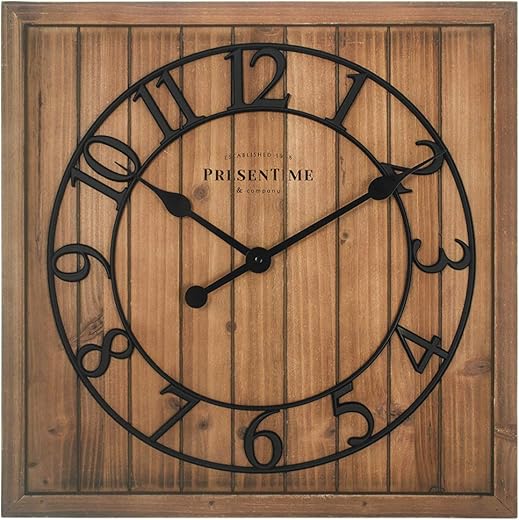 Presentime & Co 21" Farmhouse Square Shiplap Barn Door Wood Clock - Fir, Arabic Numeral. Home Decoration/Wall Decoration/Farmhouse Décor for Living Room, Dining Room, and Entryway.