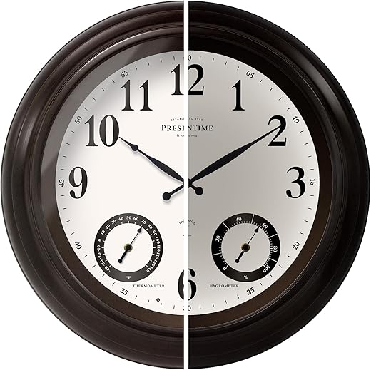 PresenTime & Co 24" Jameson Illuminated In/Outdoor Clock, Modern Farmhouse, Self-Illuminated, Waterproof, Weather Station (Thermometer & Hygrometer), Metal Clock, Oil Rubbed Bronze Finish(Night Light)