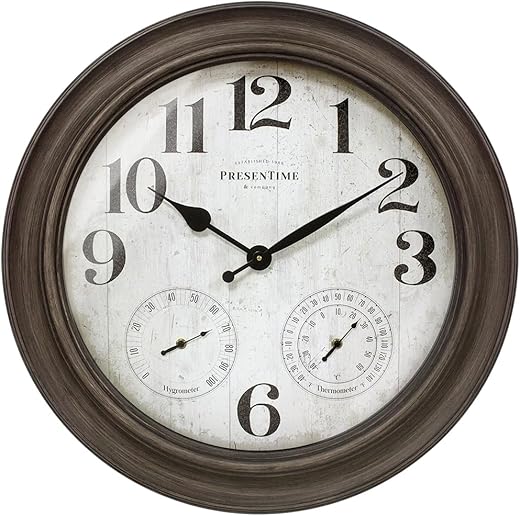 Presentime & Co. 26" Clifton in/Outdoor Farmhouse Clock with Thermometer & Hygrometer as All in One Weather Station, Farmhouse Wall Art and Timepiece for Home Decoration, Grey Oak Finish