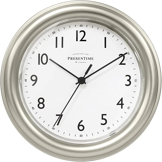 Presentime & Co. 8.5" Modern Farmhouse Essential Wall Clock, Silent non Ticking, Morning Silver Color. (Wall Clock for Office, Home, Bathroom, Kitchen, Bedroom, and School)