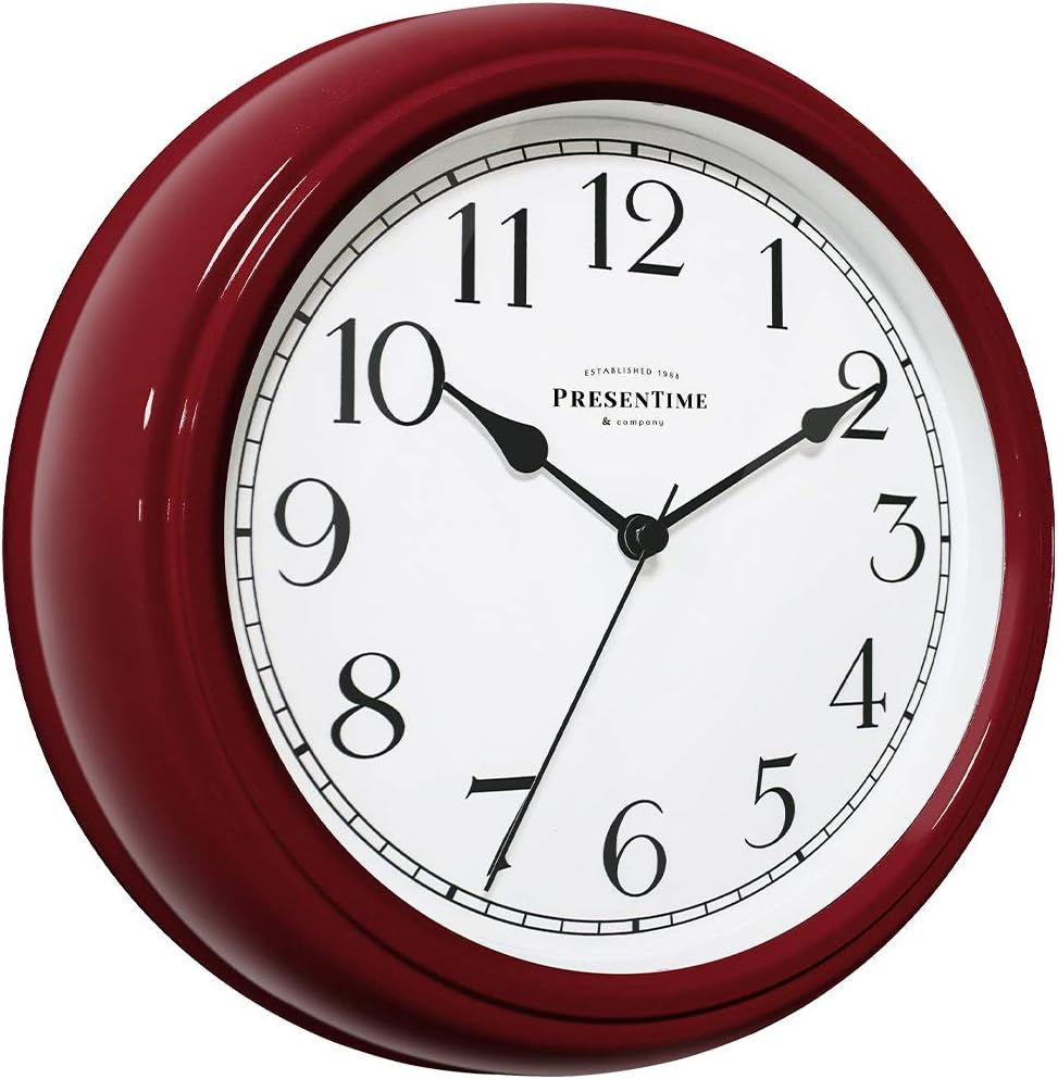 Presentime & Co Chic Home Collection 10" Molly Clock, Silent No Ticking, Red Color. Modern Decorative Wall Clock for Kitchen, Kid's Room, Bathroom, Bedroom, and Office