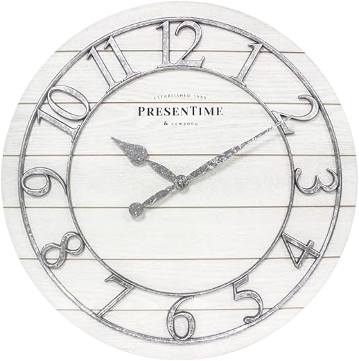 Presentime & Co Classic Farmhouse Shiplap Clock, 19.5 inch, Galvanized Finish Arabic Numerals with White Shiplap Style. Large Farmhouse Decor for Living Room, Entryway, Home Office. Wall Décor