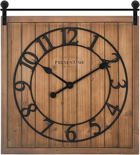 Presentime & Co Farmhouse Barn Door Clock, Shiplap Style, Brown Wood Color, Silent No Ticking, 3D Arabic Numeral, 23 H x 21 W. Home Decoration/Wall Decoration/Farmhouse Décor