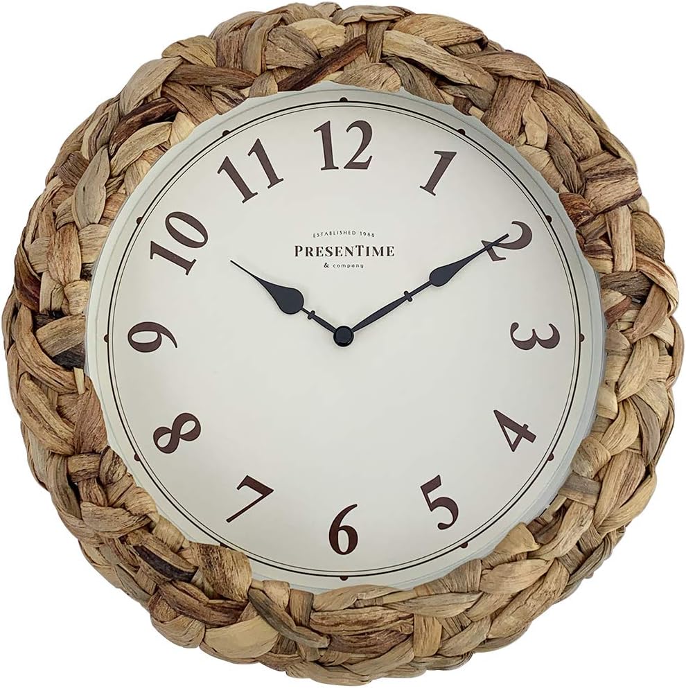 Presentime & Co Farmhouse Series, Rustic Woven Clock, 10.5 inch, Natural Woven Water Hyacinth/Sea Grass. Wall Sculpture, Wall Art and Timepiece for Home Decoration/Wall Decoration/Farmhouse Décor.