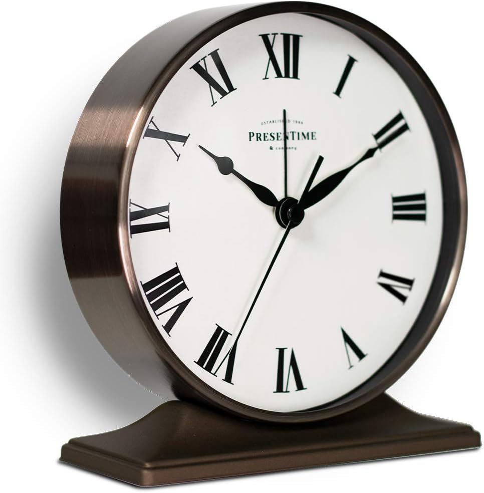 Presentime & Co Lewis Mantel Alarm Clock, Desk and Shelf Clock, Tabletop Decoration, 5.5 x 5 inch, Silent no Ticking, Metal Base, Bronze Finish, Roman Numeral