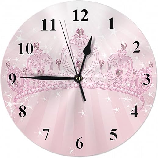 Princess Crown Wall Clock Pink Beautiful Shining Crown Hairband Farmhouse Unique Large Clock Wall Battery Operated Silent Non-Ticking Decoration, 10 Inch, A1213