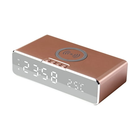 PRINxy Multifunctional Desktop Alarm Clock Wireless Charging Bluetooth Earphone Clock Charger Digital Display Intelligent 10W Mobile Phone Fast Charging Rose Gold